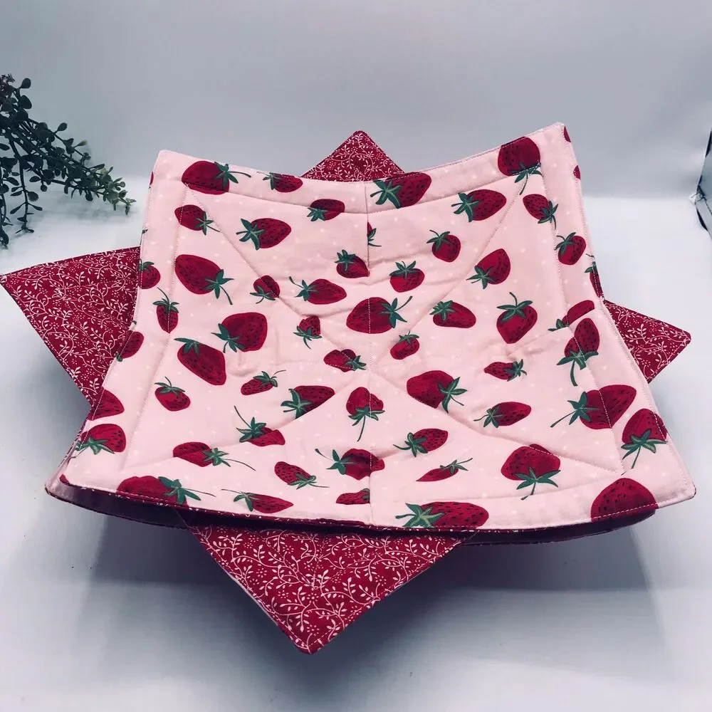 Microwave Dinner Plate Cozy: Reversible, Strawberries Pink Red Cottage Garden